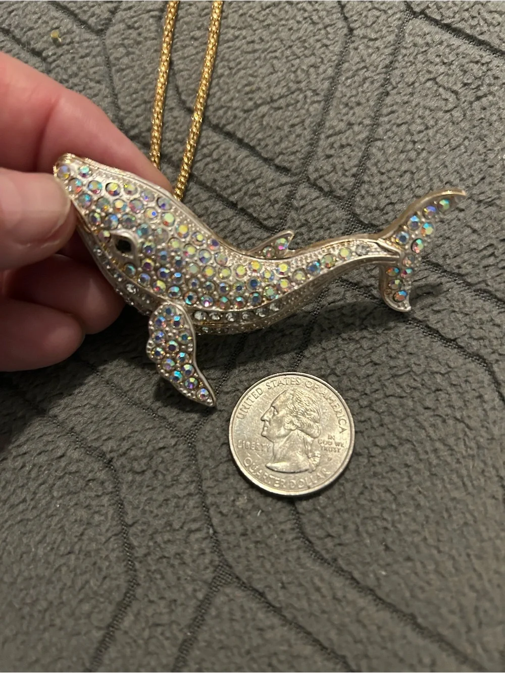 Crystal Iridescent Whale Pendant Necklace - Gold Tone Chain